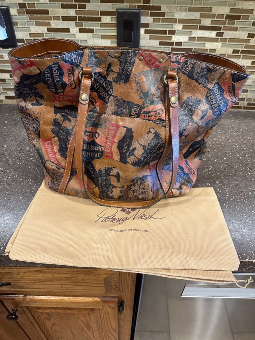 Patricia Nash Brown Vintage-Print Leather Tote with Multicolor Accents